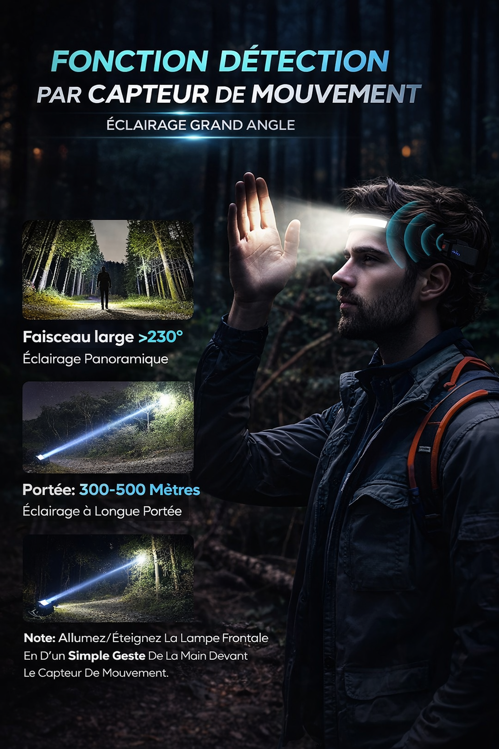 lampe frontale rechargeable ultra puissante avec capteur de mouvement