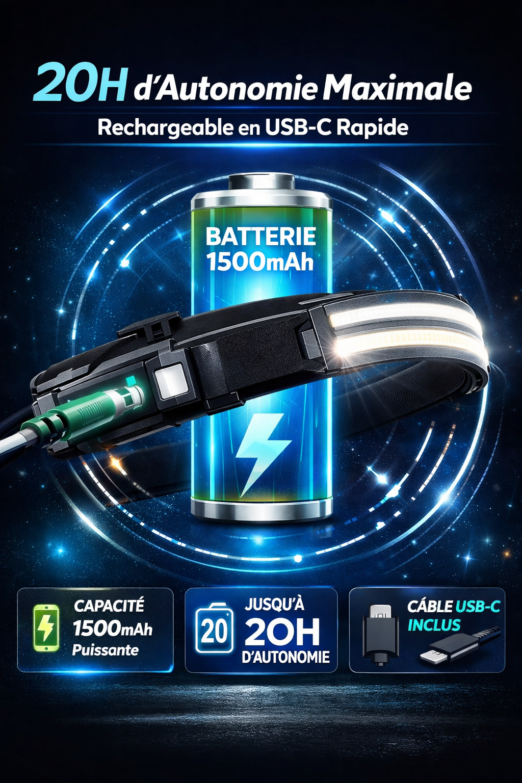 lampe frontale rechargeable ultra puissante avec capteur de mouvement