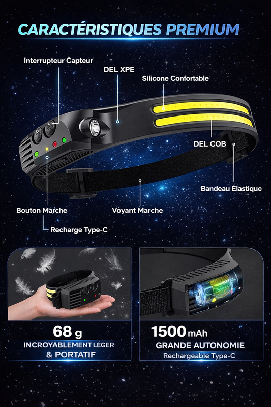 lampe frontale rechargeable ultra puissante avec capteur de mouvement